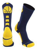 MadSportsStuff socks Navy/Gold Basketball Socks with Basketball Logo Athletic Crew Socks - made in the USA - Large