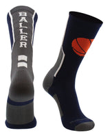 MadSportsStuff socks Navy/Graphite / Large Baller Basketball Socks with Basketball Logo Crew Length