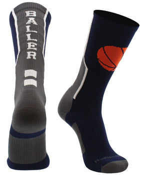 MadSportsStuff socks Navy/Graphite / Large Baller Basketball Socks with Basketball Logo Crew Length