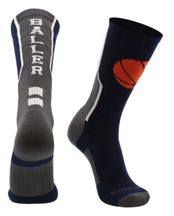 MadSportsStuff socks Navy/Graphite / Large Baller Basketball Socks with Basketball Logo Crew Length