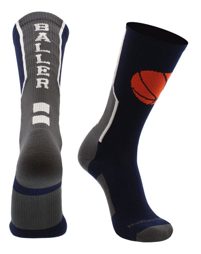 MadSportsStuff socks Navy/Graphite / Large Baller Basketball Socks with Basketball Logo Crew Length