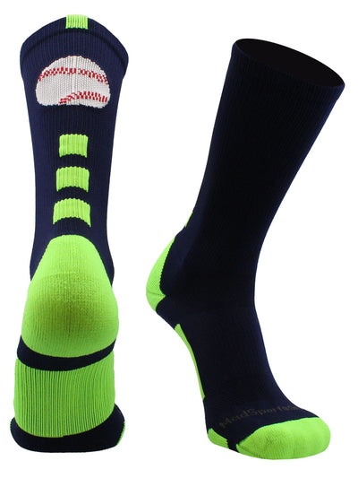 MadSportsStuff socks Navy/Neon Green / Large Baseball Logo Athletic Crew Socks (multiple colors)