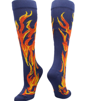MadSportsStuff socks Navy/Orange/Gold / Large Flame Socks Athletic Over the Calf Socks (multiple colors)