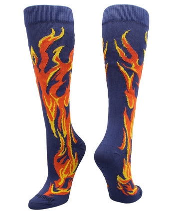 MadSportsStuff socks Navy/Orange/Gold / Large Flame Socks Athletic Over the Calf Socks (multiple colors)