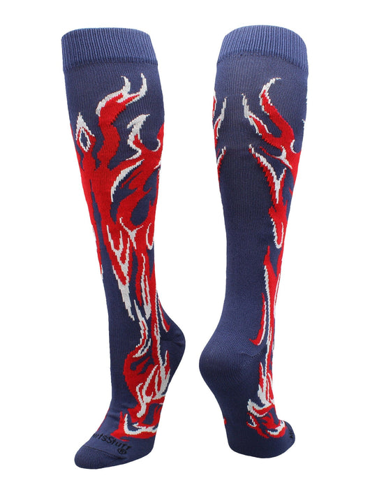 MadSportsStuff socks Navy/Red/White / Large Flame Socks Athletic Over the Calf Socks (multiple colors)