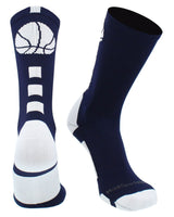 MadSportsStuff socks Navy/White Basketball Socks with Basketball Logo Athletic Crew Socks - made in the USA - Large