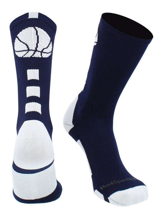 MadSportsStuff socks Navy/White / Large Basketball Socks with Basketball Logo Athletic Crew Socks - made in the USA