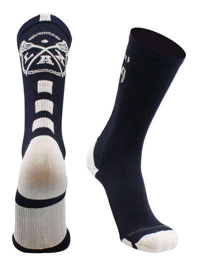 MadSportsStuff socks Navy/White / Large LAX Lacrosse Socks with Lacrosse Sticks Athletic Crew Socks (multiple colors)