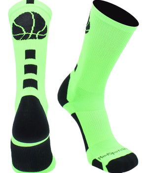 MadSportsStuff socks Neon Green/Black Basketball Socks with Basketball Logo Athletic Crew Socks - made in the USA - Large