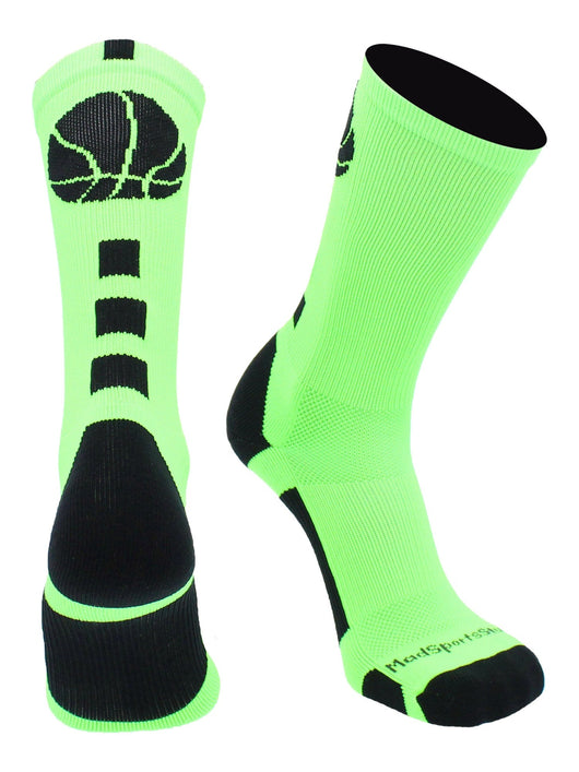 MadSportsStuff socks Neon Green/Black / Large Basketball Socks with Basketball Logo Athletic Crew Socks - made in the USA