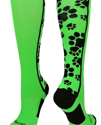 MadSportsStuff socks Neon Green/Black / Large Crazy Socks with Paws Over the Calf (multiple colors)