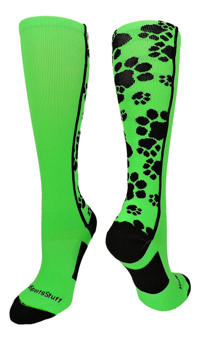 MadSportsStuff socks Neon Green/Black / Large Crazy Socks with Paws Over the Calf (multiple colors)