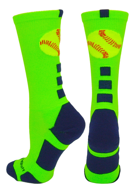 MadSportsStuff socks Neon Green/Navy / Large Softball Logo Athletic Crew Socks (multiple colors)