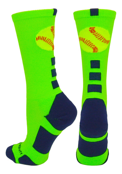 MadSportsStuff socks Neon Green/Navy / Large Softball Logo Athletic Crew Socks (multiple colors)