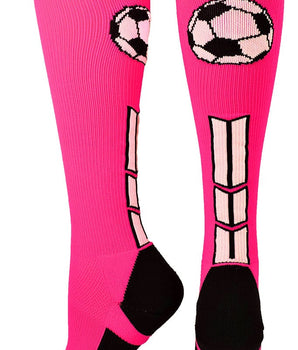 MadSportsStuff socks Neon Pink/Black/White / Large Soccer Socks with Soccer Ball Logo Over the Calf (multiple colors)