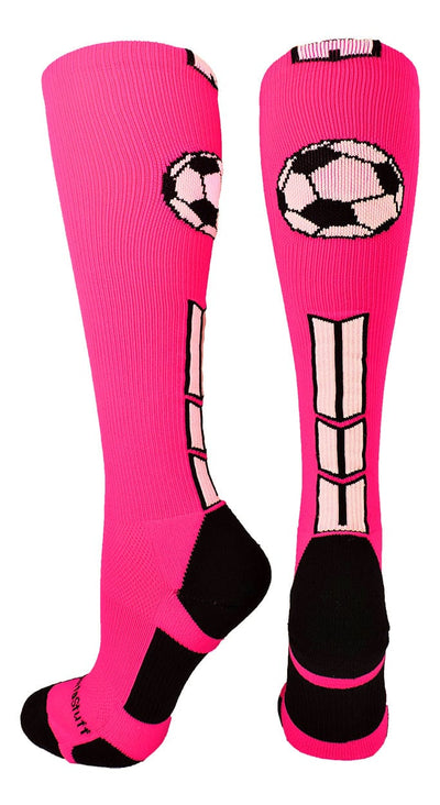 MadSportsStuff socks Neon Pink/Black/White / Large Soccer Socks with Soccer Ball Logo Over the Calf (multiple colors)