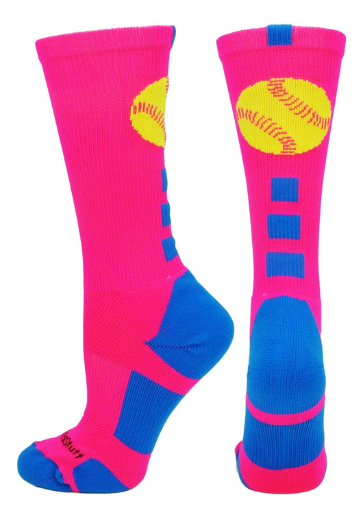 MadSportsStuff socks Neon Pink/Electric Blue / Small Softball Logo Athletic Crew Socks (multiple colors)