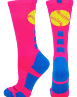 MadSportsStuff socks Neon Pink/Electric Blue / Small Softball Logo Athletic Crew Socks (multiple colors)