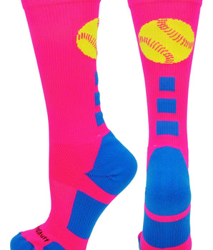 MadSportsStuff socks Neon Pink/Electric Blue / Small Softball Logo Athletic Crew Socks (multiple colors)