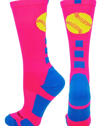 MadSportsStuff socks Neon Pink/Electric Blue / Small Softball Logo Athletic Crew Socks (multiple colors)