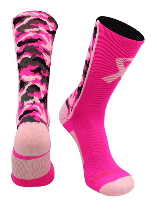 MadSportsStuff socks Neon Pink/Pale Pink / Large Pink Ribbon Breast Cancer Awareness Camo Athletic Crew Socks (multiple colors)
