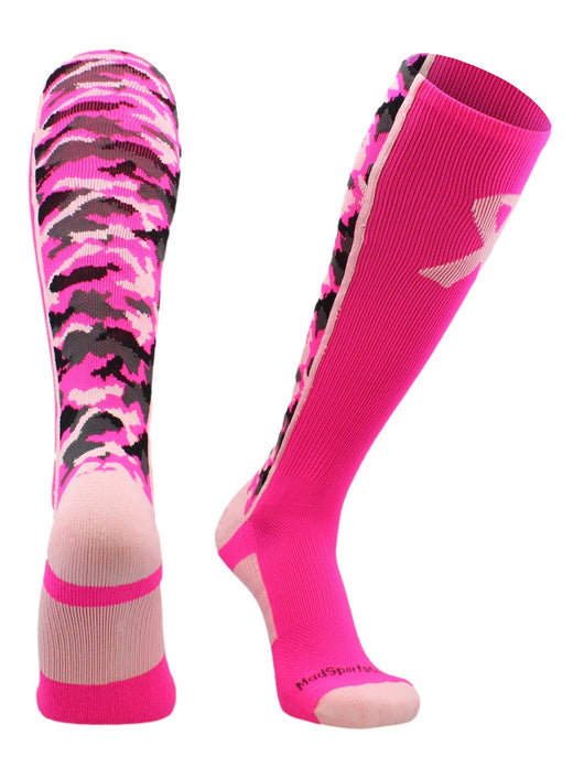 MadSportsStuff socks Neon Pink/Pale Pink / Large Pink Ribbon Breast Cancer Awareness Camo Over the Calf Socks (multiple colors)
