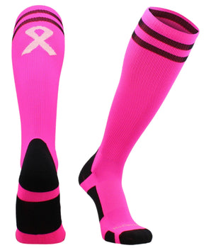 MadSportsStuff socks Neon Pink/Pale Pink / X-Small Pink Ribbon Breast Cancer Awareness Socks with Stripes