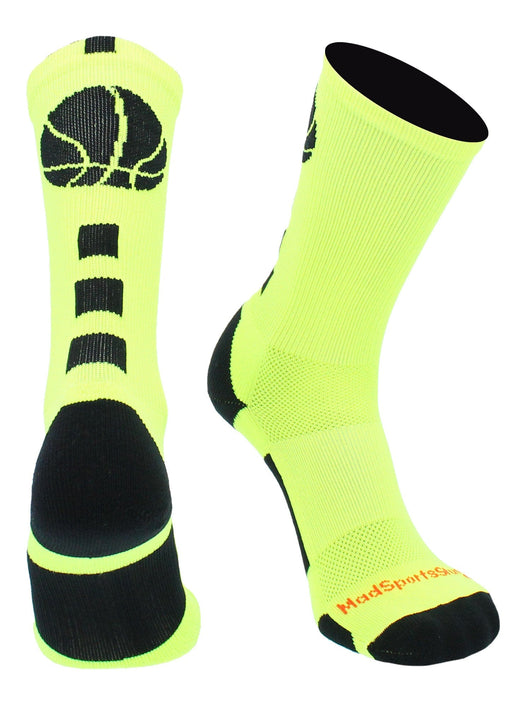 MadSportsStuff socks Neon Yellow/Black / Large Basketball Socks with Basketball Logo Athletic Crew Socks - made in the USA