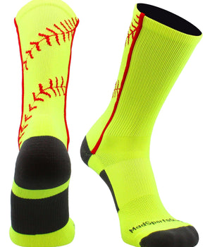 MadSportsStuff socks Neon Yellow/Red / Large Softball Socks or Baseball Socks with stitches in crew length (multiple colors)