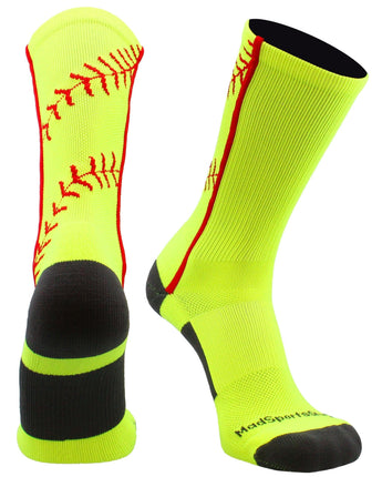 MadSportsStuff socks Neon Yellow/Red / Large Softball Socks or Baseball Socks with stitches in crew length (multiple colors)