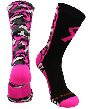 MadSportsStuff socks Pink Ribbon Breast Cancer Awareness Camo Athletic Crew Socks (multiple colors)