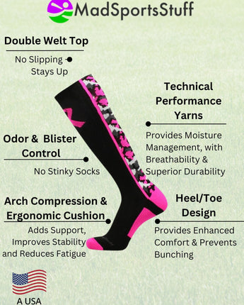 MadSportsStuff socks Pink Ribbon Breast Cancer Awareness Camo Over the Calf Socks (multiple colors)