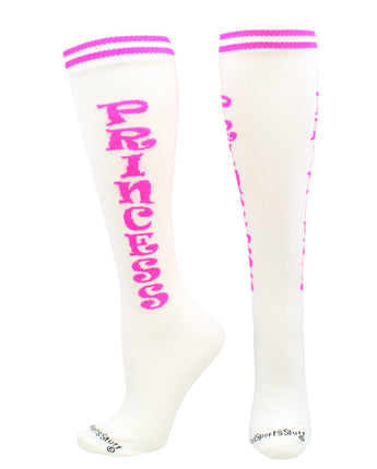 MadSportsStuff socks Princess - White/Neon Pink / Large Personality Word Socks Over the Calf Length