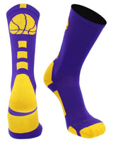 MadSportsStuff socks Purple/Gold Basketball Socks with Basketball Logo Athletic Crew Socks - made in the USA - Large
