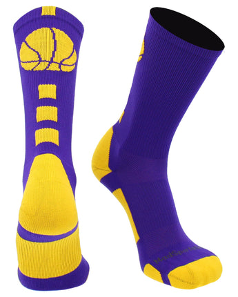 MadSportsStuff socks Purple/Gold Basketball Socks with Basketball Logo Athletic Crew Socks - made in the USA - Large