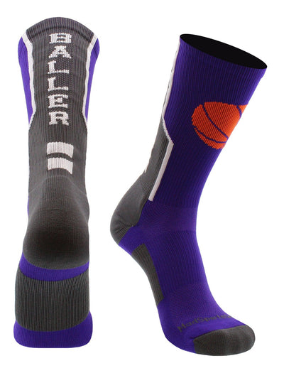 MadSportsStuff socks Purple/Graphite / X-Large Baller Basketball Socks with Basketball Logo Crew Length