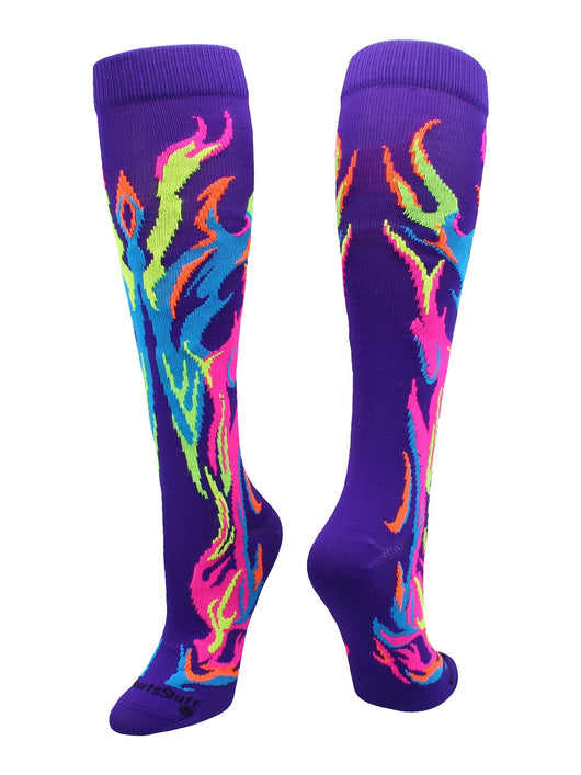 MadSportsStuff socks Purple/Multi Neon / Large Flame Socks Athletic Over the Calf Socks (multiple colors)