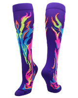 MadSportsStuff socks Purple/Multi Neon / Large Flame Socks Athletic Over the Calf Socks (multiple colors)