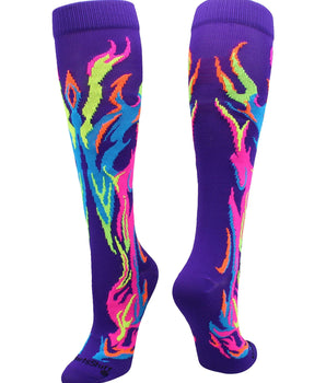MadSportsStuff socks Purple/Multi Neon / Large Flame Socks Athletic Over the Calf Socks (multiple colors)
