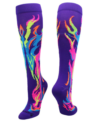 MadSportsStuff socks Purple/Multi Neon / Large Flame Socks Athletic Over the Calf Socks (multiple colors)