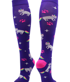 MadSportsStuff socks Purple/Neon Pink / Large Half Cat Half Unicorn - Neon Rainbow Caticorn Athletic Over the Calf Socks