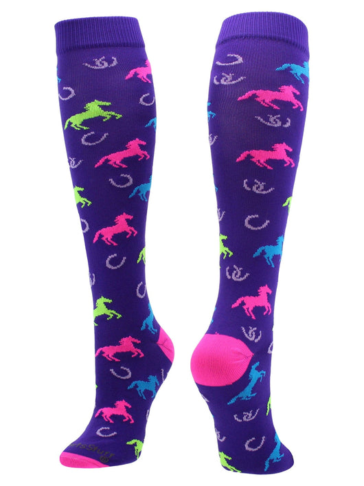 MadSportsStuff socks Purple/Neon Pink / Large Wild Horses Equestrian Athletic Over the Calf Socks