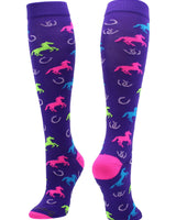 MadSportsStuff socks Purple/Neon Pink / Large Wild Horses Equestrian Athletic Over the Calf Socks