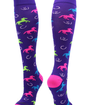 MadSportsStuff socks Purple/Neon Pink / Large Wild Horses Equestrian Athletic Over the Calf Socks