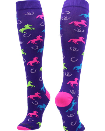 MadSportsStuff socks Purple/Neon Pink / Large Wild Horses Equestrian Athletic Over the Calf Socks