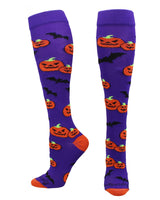 MadSportsStuff socks Purple/Orange / Large Halloween Socks Pumpkins and Bats Over the Calf
