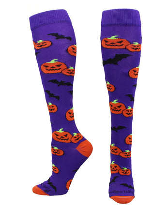 MadSportsStuff socks Purple/Orange / Large Halloween Socks Pumpkins and Bats Over the Calf