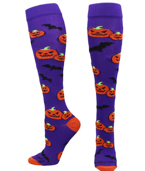MadSportsStuff socks Purple/Orange / Large Halloween Socks Pumpkins and Bats Over the Calf