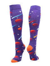MadSportsStuff socks Purple/Orange/White / Large Outer Space Galaxy Socks Athletic Over the Calf Length