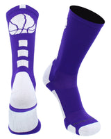 MadSportsStuff socks Purple/White Basketball Socks with Basketball Logo Athletic Crew Socks - made in the USA - Large